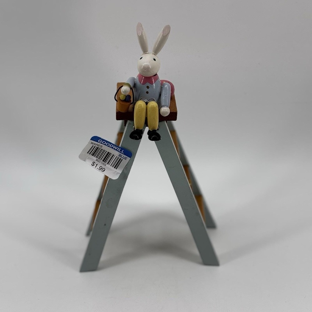 Vintage Erzgebirge Wooden  Easter  Bunny Rabbit on Ladder With Eggs Figurine
